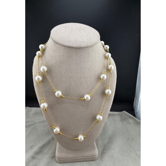 Anne Klein Jewelry - Modern Anne Klein Necklace Faux Pearl Long Beaded Gold Tone Signed Flapper 32"